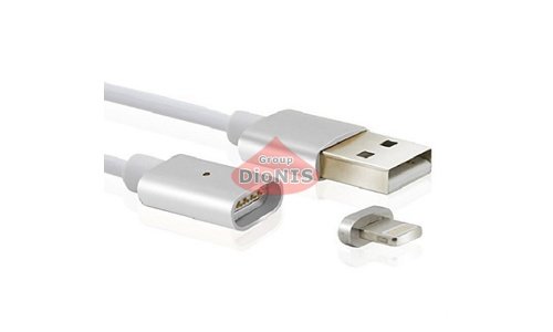Магнітний USB 2.0/Lighting 1m 2А кабель, індикатор заряду, тканинна оплетка, знімач, Silver (під наконечник 1938) - 1