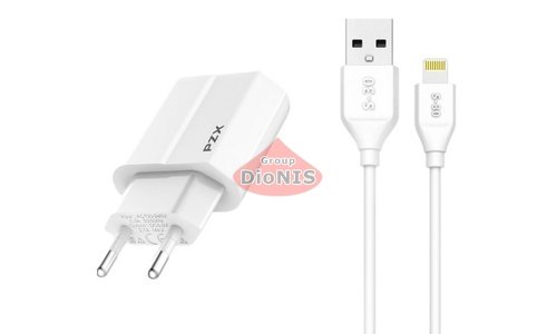 Мережевий зарядний пристрій Набір 2 в 1 With Iphone Cable 110-240V PZX C856E, 2xUSB, 2.1A White Blister-box 01943 - 1