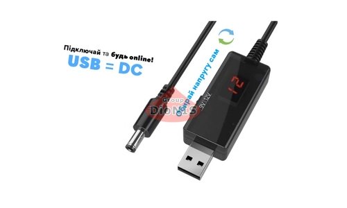 Кабель для роутера USB 2.0 Out 9V/12V на DC 5.5/2.5 от Power Bank LED підвищуючий з перемикачем Black 1 м - 2