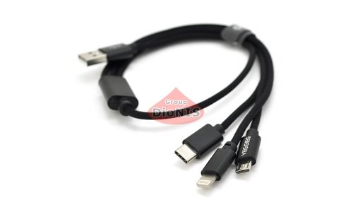 Кабель USB 2.0 Combo 3 in 1 Lightning/microUSB/Type-C 0.5м 2.4A VEGGIEG Black 19755 - 1