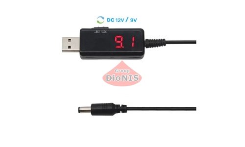 Кабель для роутера USB 2.0 Out 9V/12V на DC 5.5/2.5 от Power Bank LED підвищуючий з перемикачем Black 1 м - 1
