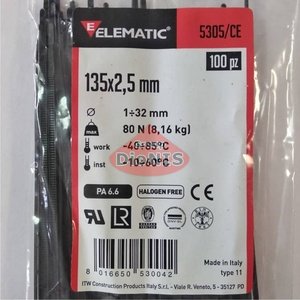 Стяжка чорна 135х2,5 Elematic 5305/CE (упаковка 100 шт)