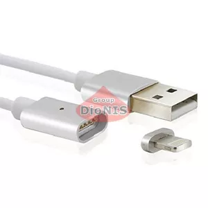 Магнітний USB 2.0/Lighting 1m 2А кабель, індикатор заряду, тканинна оплетка, знімач, Silver (під наконечник 1938)