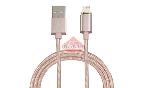 Магнітний USB 2.0/Lighting 1m 2А кабель, індикатор заряду, тканинна оплетка, знімач, Gold (під накінечник 1938) (09166) - 1