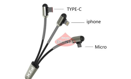 Кабель USB 2.0 Combo 3 in 1 Lightning/microUSB/Type-C 1.2м PZX V-111 2.1A кутовий BOX 02279 - 1