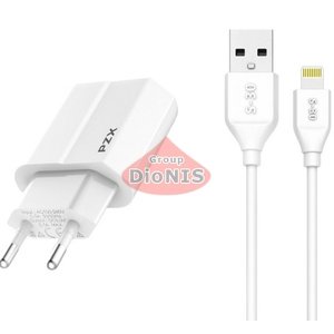Набор 2 в 1 СЗУ With Iphone Cable 110-240V PZX C856E, 2xUSB, 2.1A White Blister-box Сетевое зарядное устройство (01943)