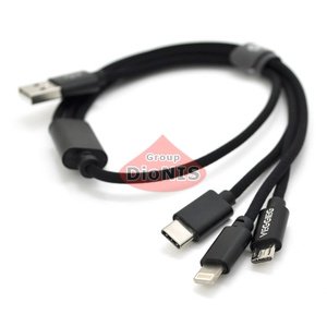 Кабель USB 2.0 Combo 3 in 1 Lightning/microUSB/Type-C 0.5м 2.4A VEGGIEG Black 19755