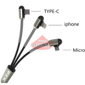 Кабель USB 2.0 Combo 3 in 1 Lightning/microUSB/Type-C 1.2м PZX V-111 2.1A кутовий BOX 02279